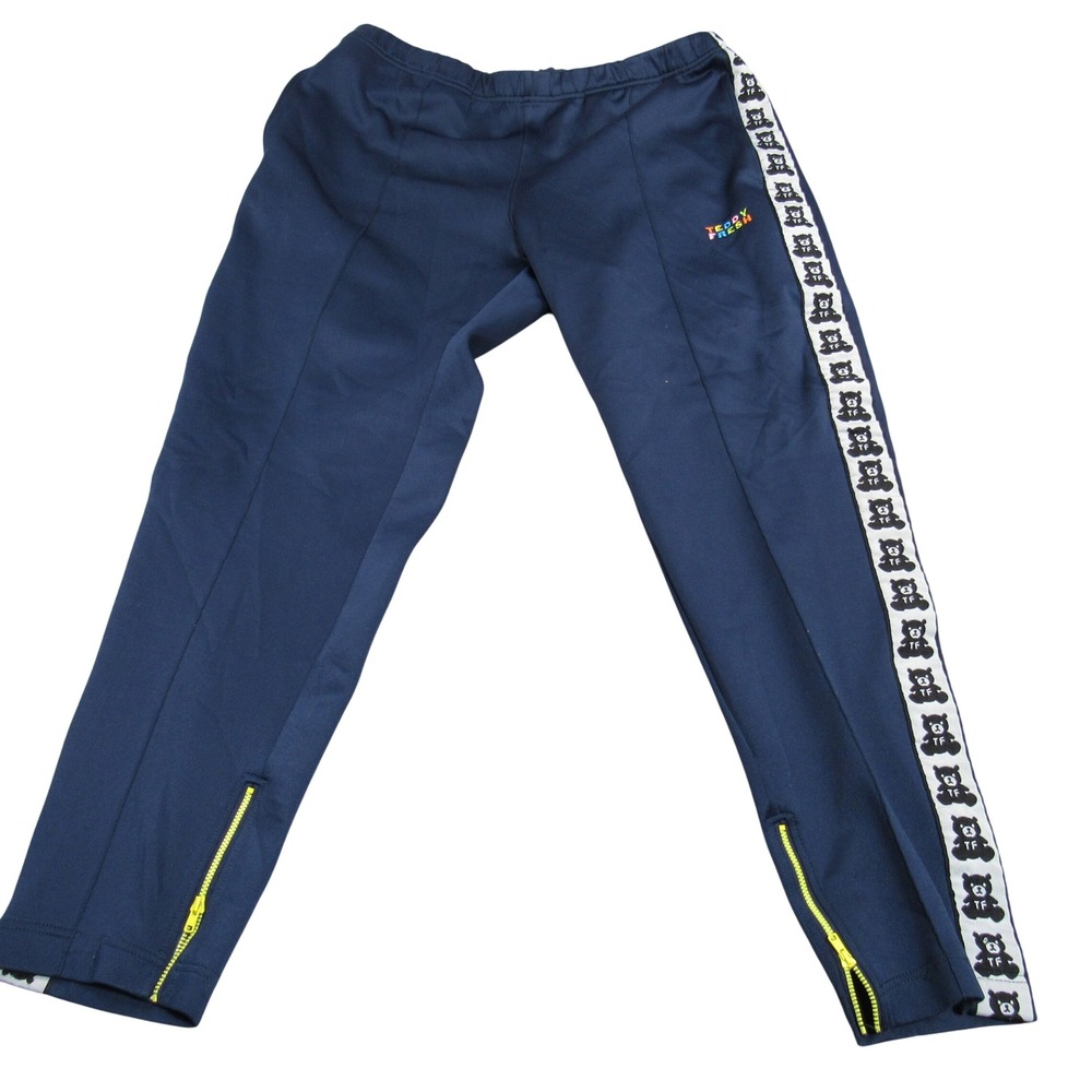 Teddy Fresh Mens Navy Blue Bear Logo‎ Tape Track Pants Ankle Zip Joggers 2XL